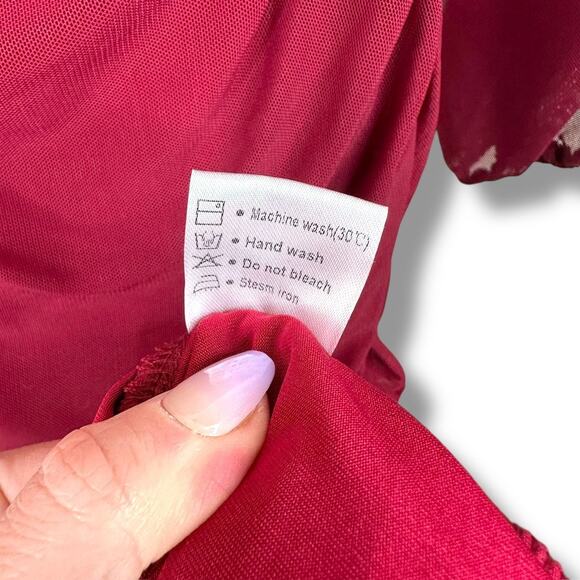 MEROKEETY Wine Red Ruched Bodycon Puff Sleeve Mesh Cocktail Party Midi Dress - Picture 13 of 13